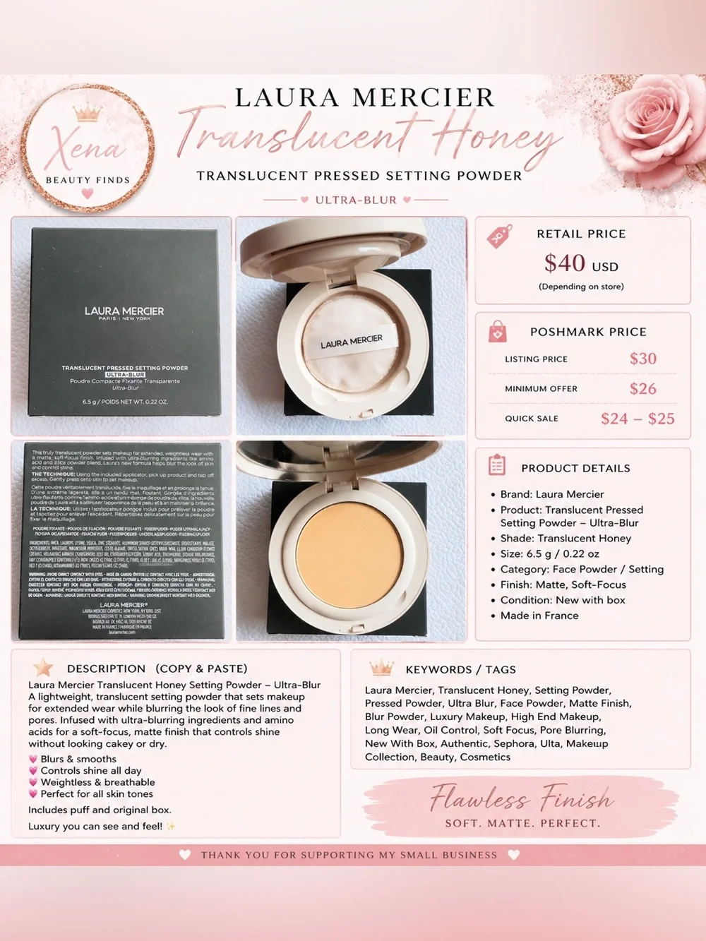 laura mercier Translucent Honey Pressed Setting Powder - Cream & Gold Compact
